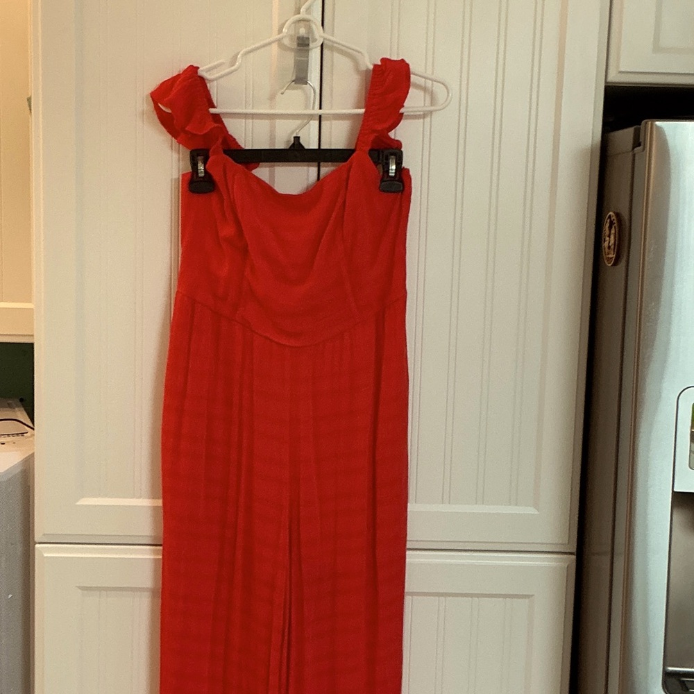 NWOT Red Jumpsuit, lightweight “gauzy” off shoulder straps.